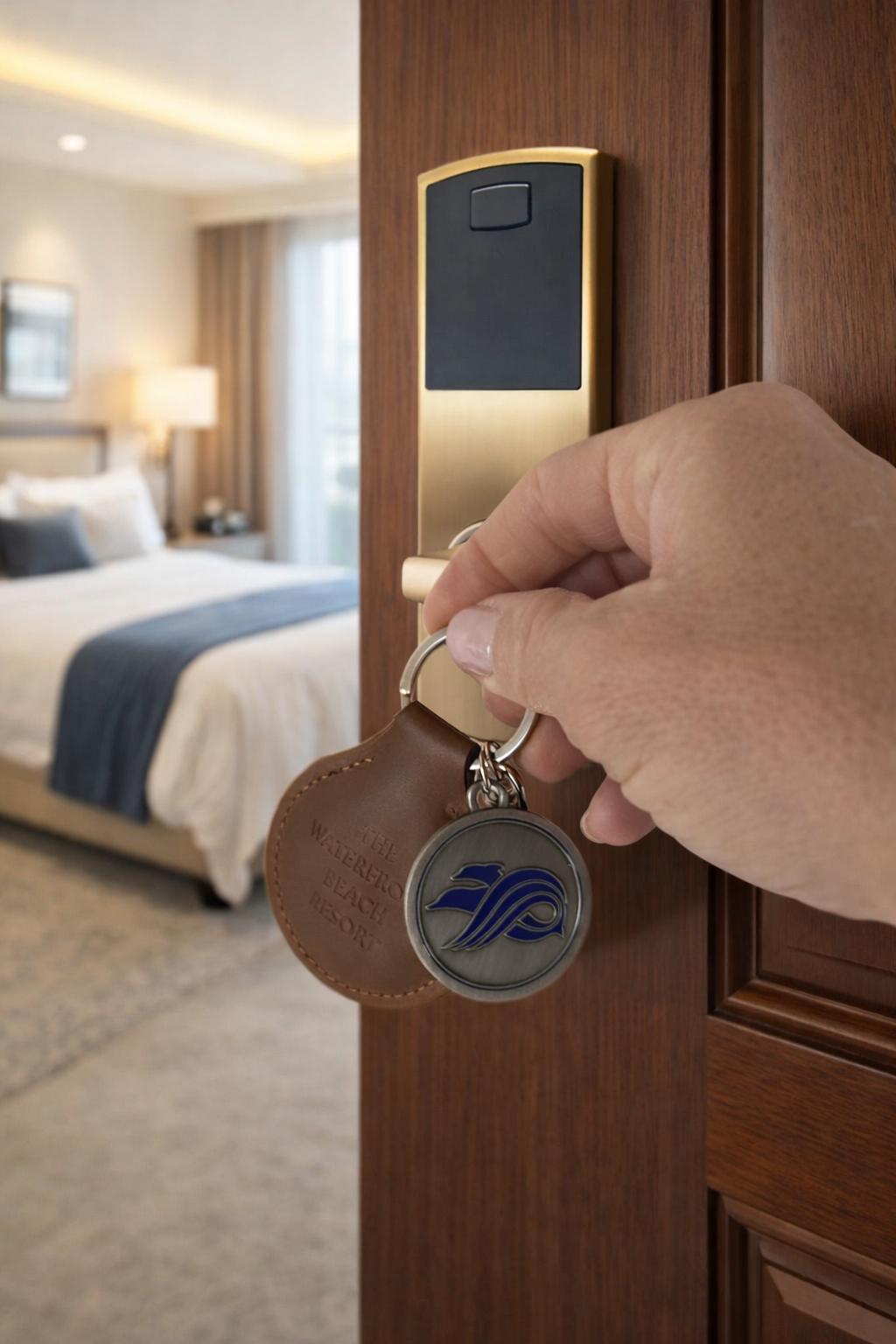 Hand opening hotel room door with key.
