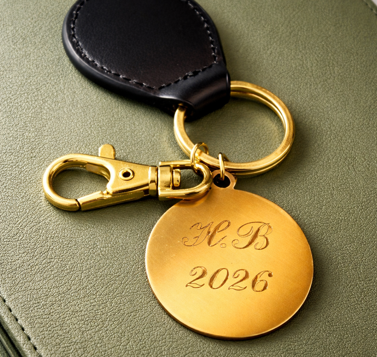 Leather keychain with engraved gold tag
