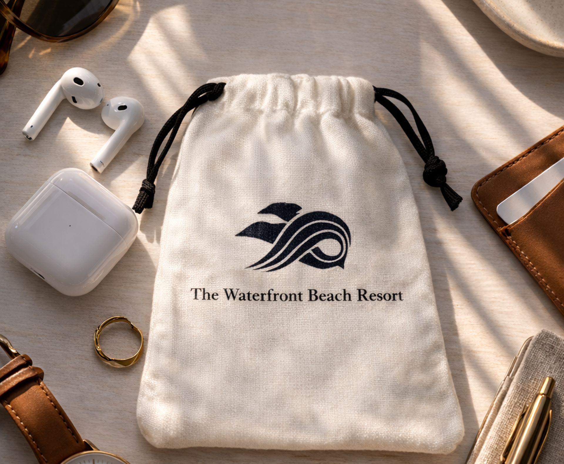 Drawstring bag with resort logo