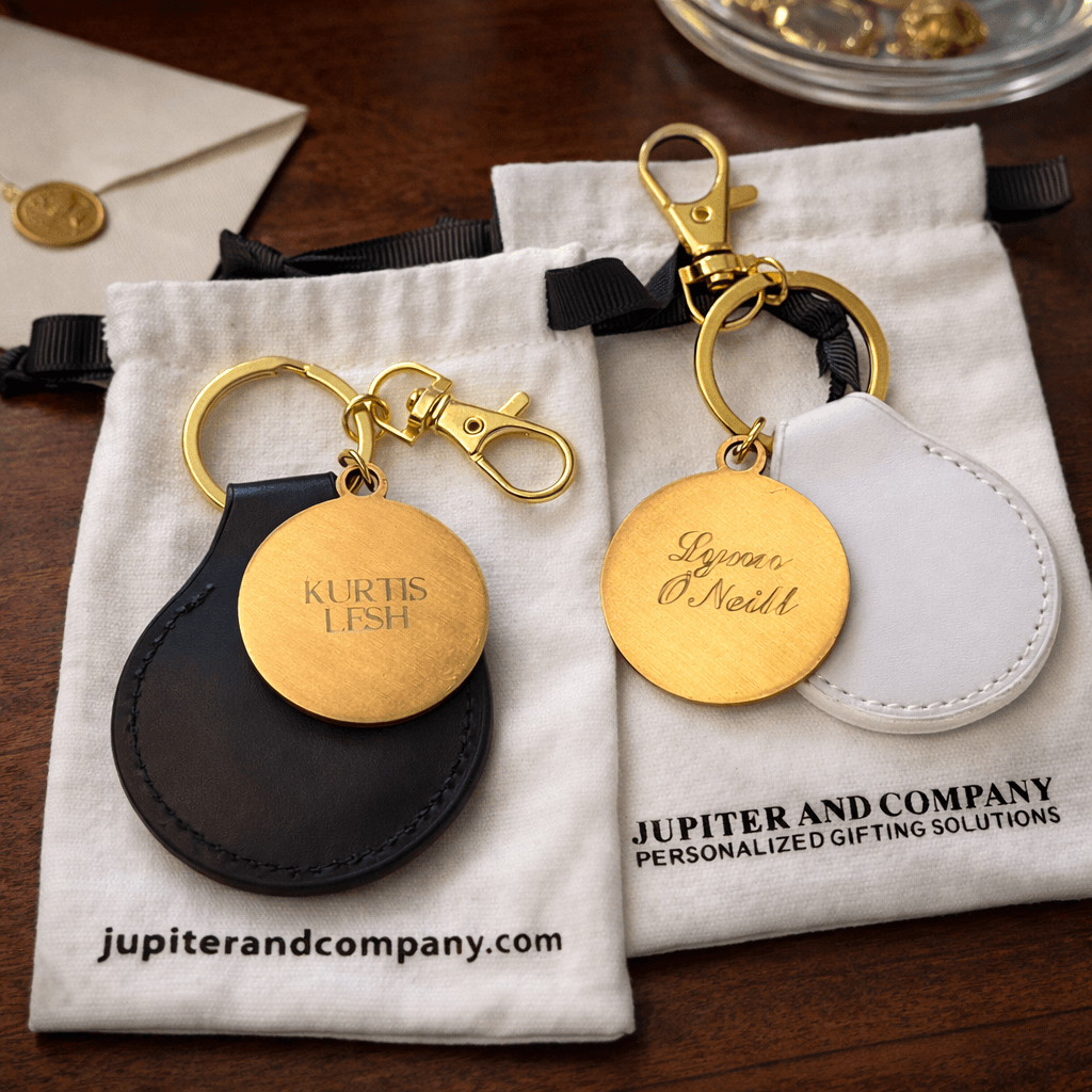 Gold keychains on personalized gift bags.