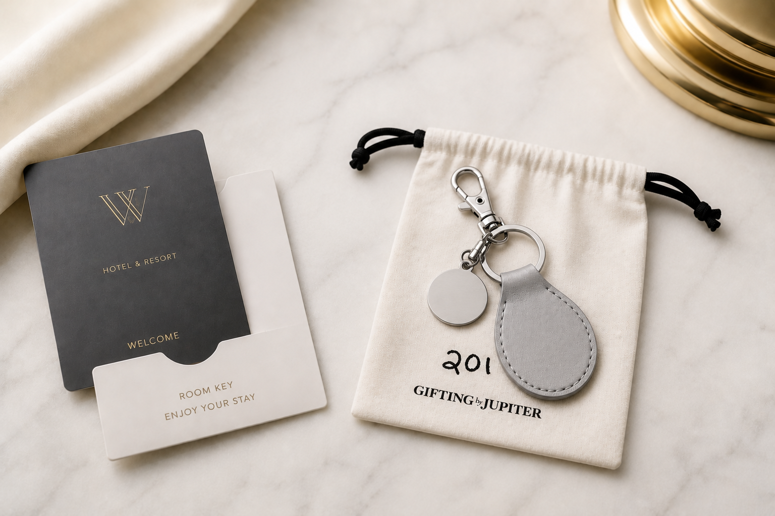 Plastic keycard and paper sleeve vs. the KeyGift and reusable pouch